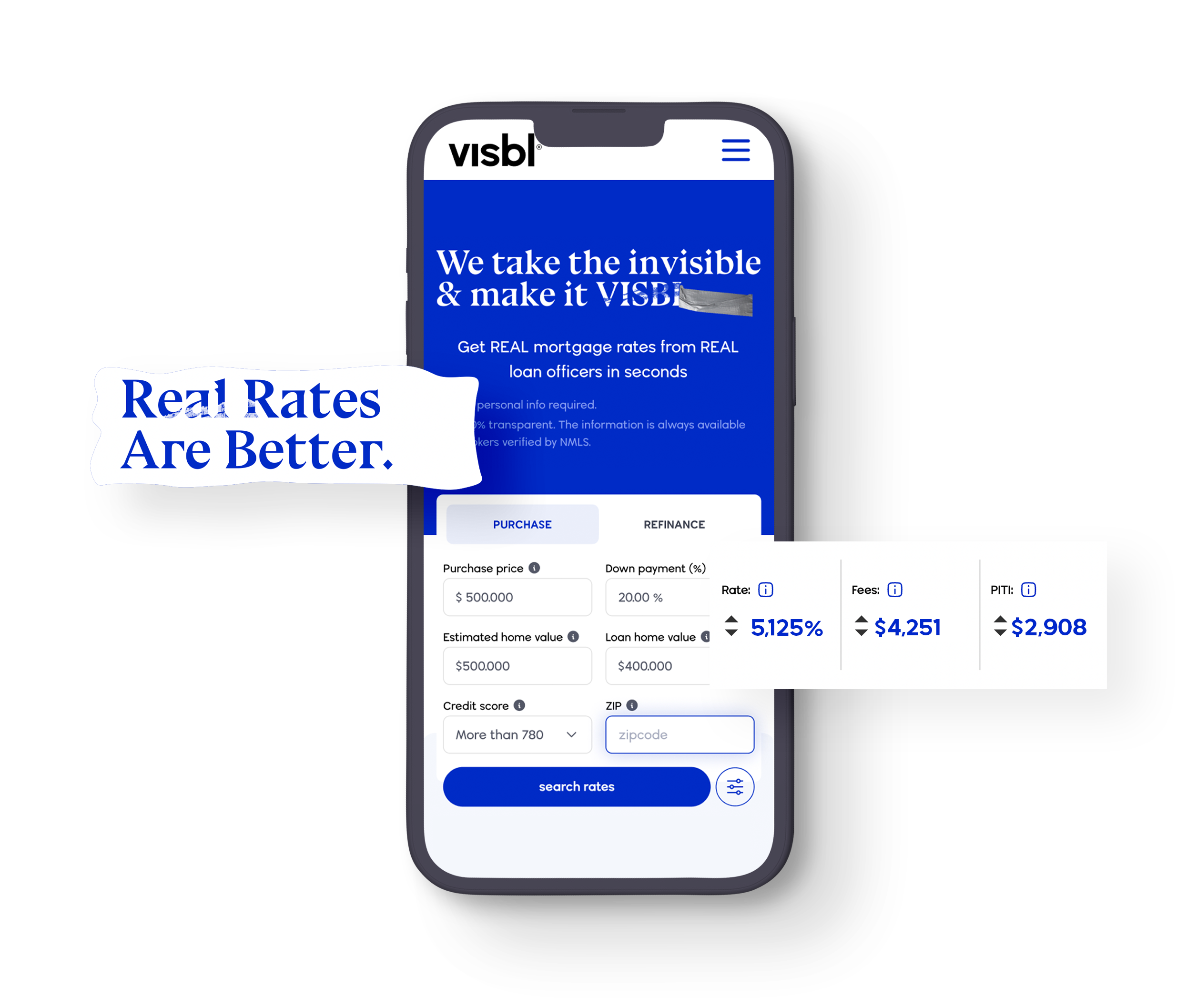 Phone mockup showing VISBL mortgage search