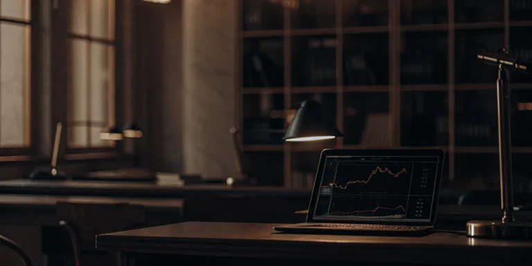 A professional laptop showing real-time mortgage rate comparison graphs in a modern office.