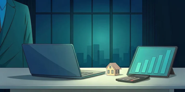 A desk with a laptop, calculator, and house model used to shop for a better mortgage rate.