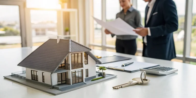 Two people discuss the meaning of a mortgage for homeownership with a model house and keys on a desk.