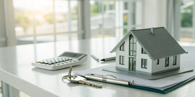 Calculating a home equity loan with a model house and paperwork.