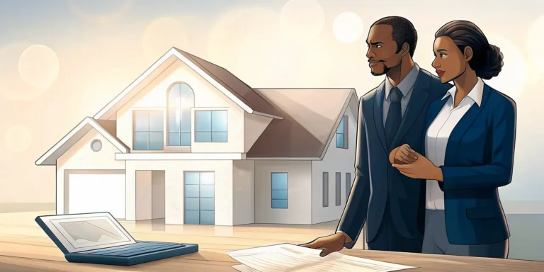 Couple mortgage shopping online, comparing loan offers on a laptop in front of their house.
