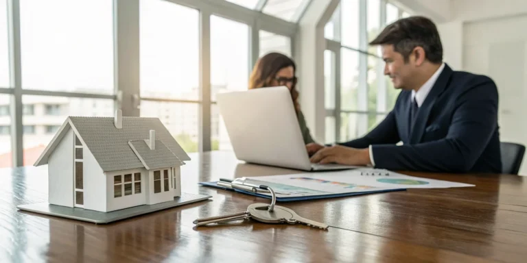 Homebuyers discuss an FHA mortgage with a lender, with keys and a model house on the desk.