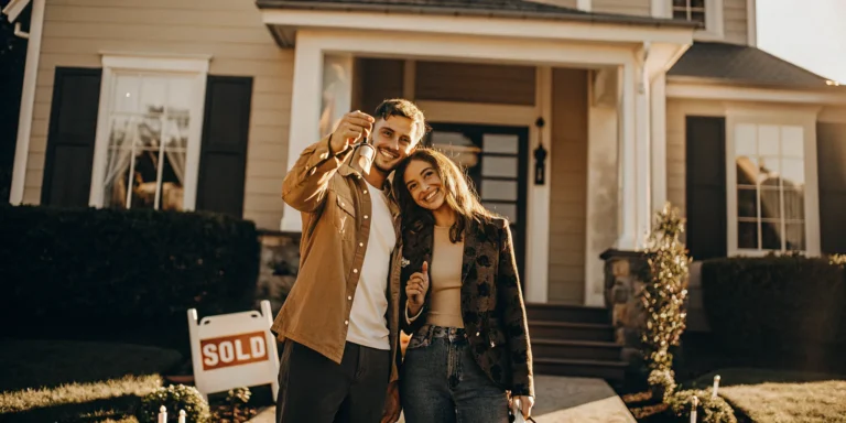Happy first-time homebuyers standing in front of their new home with keys
