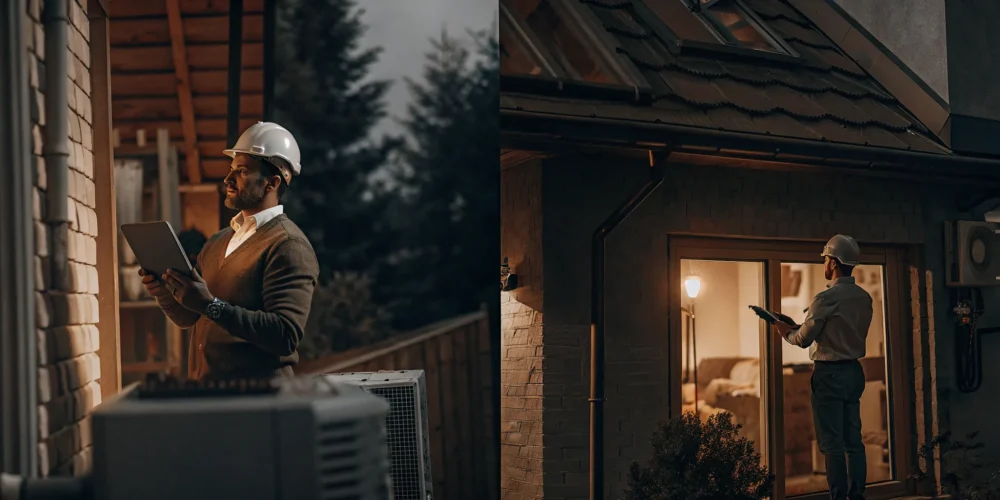 Split illustration comparing a home appraiser checking comparable sales data on a tablet versus a home inspector examining the roof and HVAC system