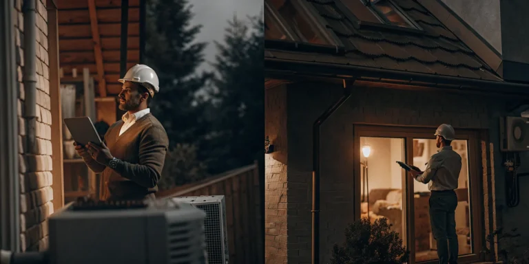 Split illustration comparing a home appraiser checking comparable sales data on a tablet versus a home inspector examining the roof and HVAC system