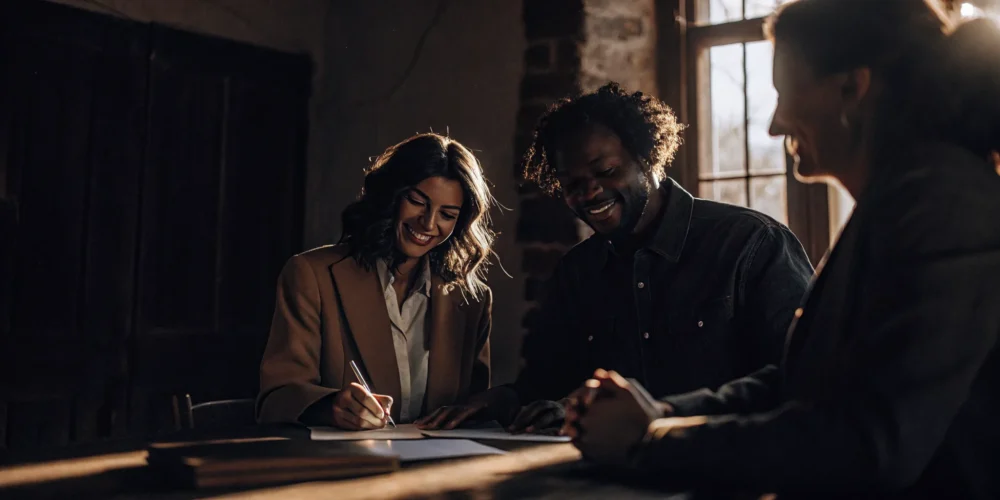 Happy homebuyers signing mortgage closing documents at a table with their agent