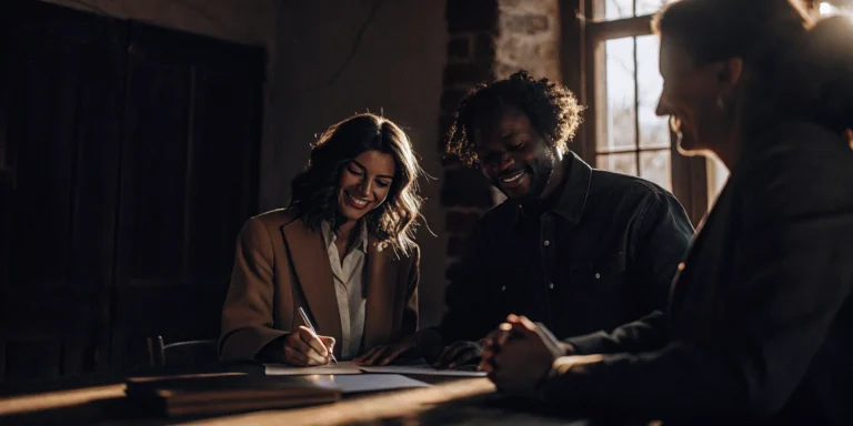 Happy homebuyers signing mortgage closing documents at a table with their agent