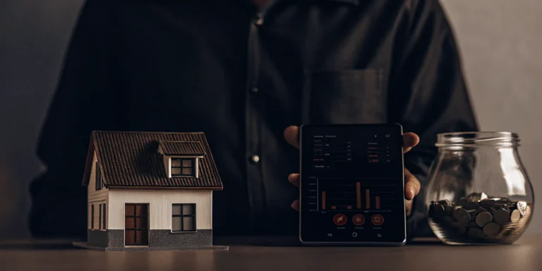 An illustration representing mortgage escrow with a miniature house and clear financial charts.