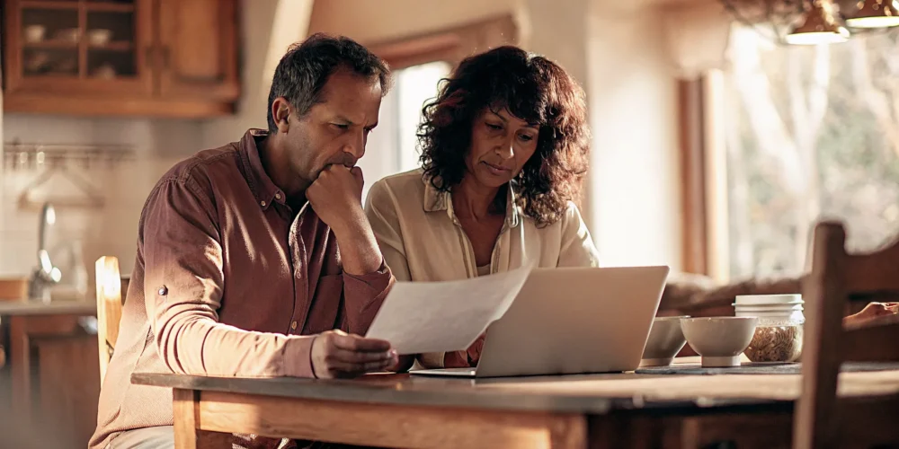 Couple reviewing mortgage paperwork and financial documents at a kitchen table with a laptop