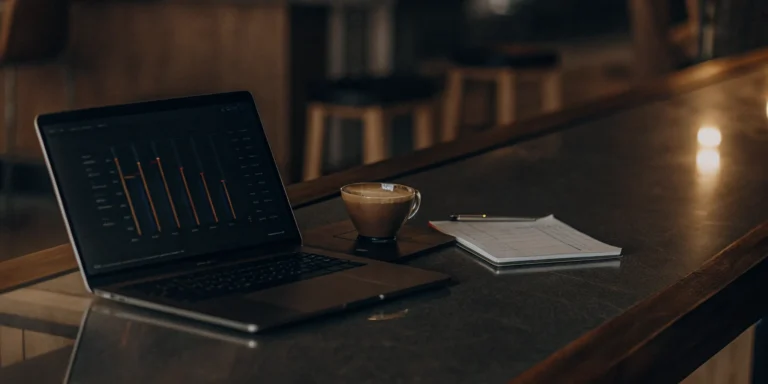 A clean modern workspace with a laptop displaying a digital mortgage shopping checklist