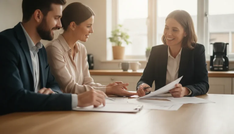 Couple reviewing mortgage loan offer documents with a loan officer at home