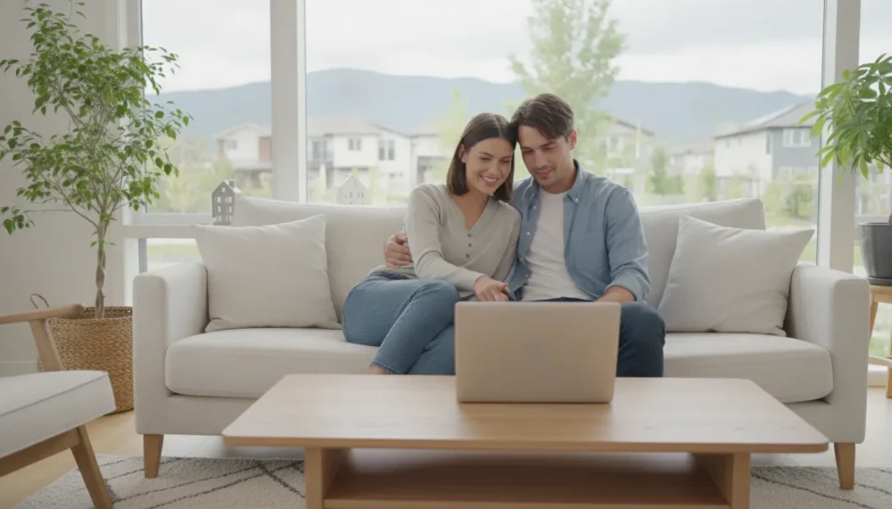 A relaxed couple comparing mortgage options on a laptop in a bright modern home