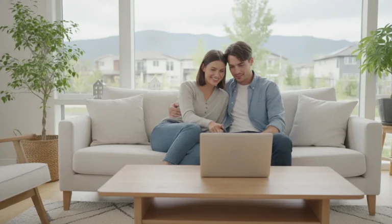 A relaxed couple comparing mortgage options on a laptop in a bright modern home