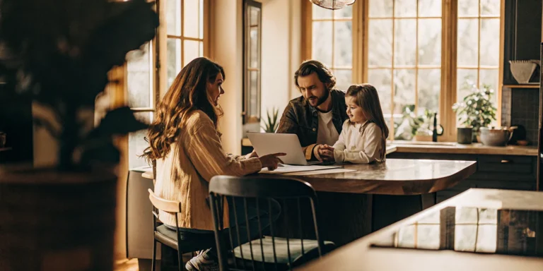 Family reviewing mortgage paperwork with a financial advisor at a kitchen table