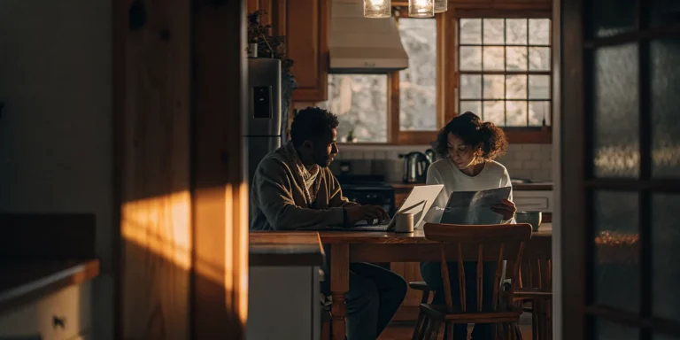 Homeowners reviewing mortgage paperwork together at a kitchen table