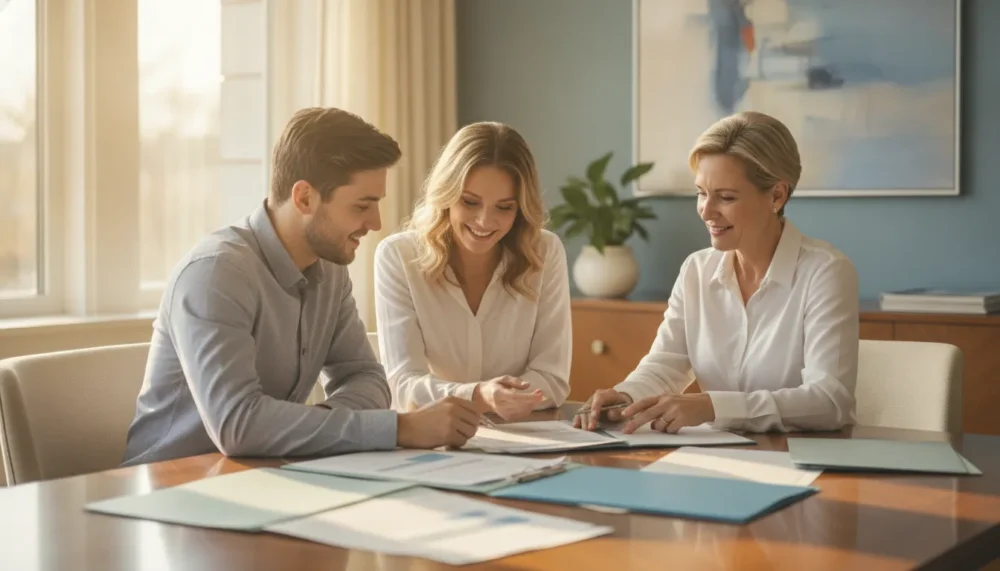 Borrower comparing mortgage options with a loan officer over application papers