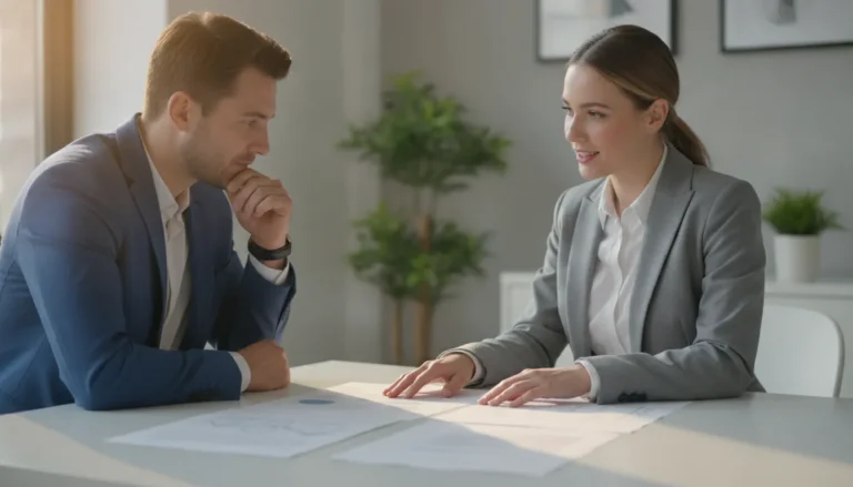 Borrower comparing loan offers with a loan officer in a modern office