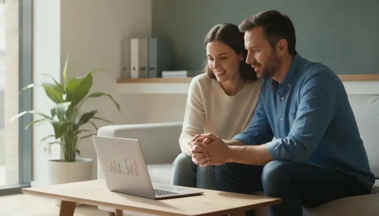 A couple comparing mortgage rates on a laptop in a bright home office