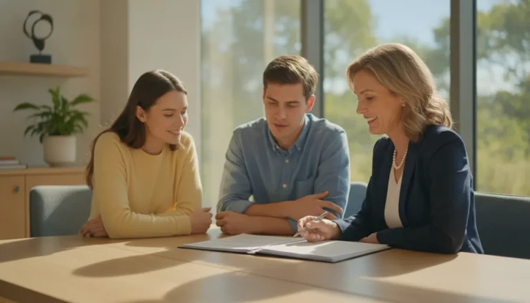 A loan officer reviewing home loan documents with a relaxed first-time homebuyer couple
