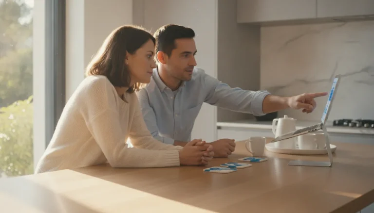 A homebuyer couple comparing mortgage rate options at a kitchen table