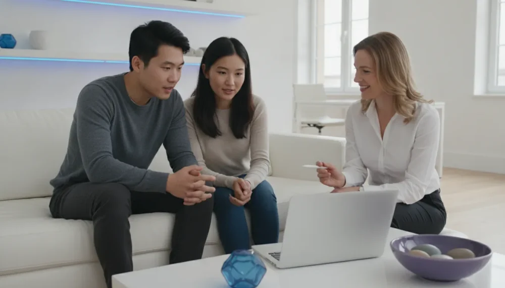 Couple comparing mortgage options with a loan officer online