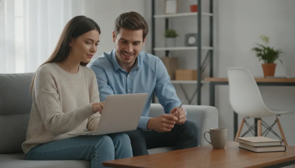 A couple reviewing mortgage pre-approval options on a laptop at home