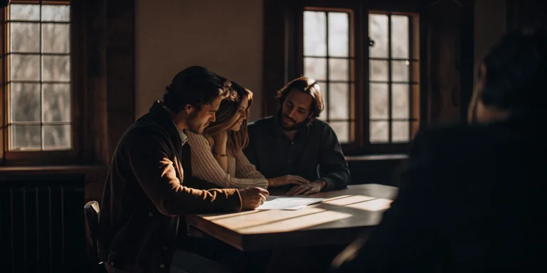 Couple comparing mortgage loan options with an advisor at a bright table