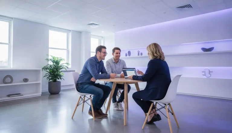 Borrowers reviewing mortgage options with an advisor in a bright privacy-focused office