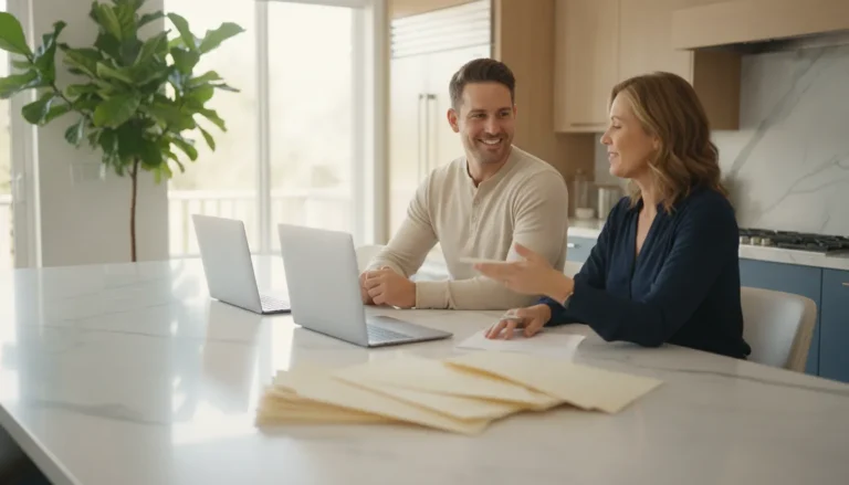 Couple comparing mortgage options with a friendly loan officer at a bright kitchen table