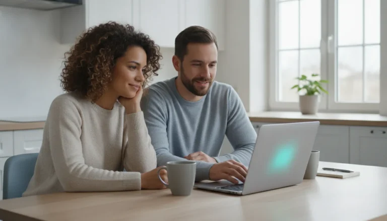 A couple comfortably comparing mortgage options on a laptop at a bright kitchen table