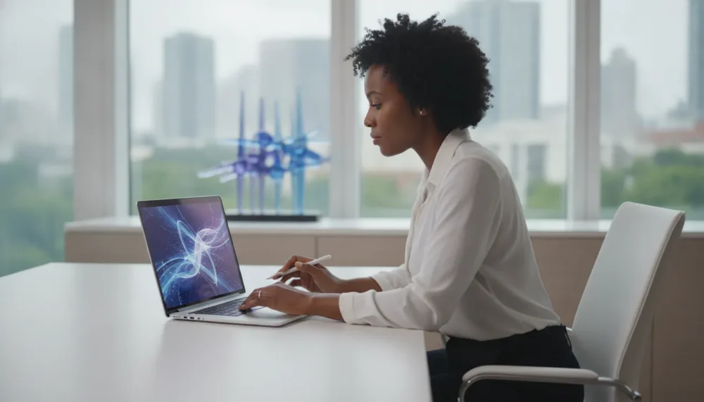Borrower comparing mortgage options on a laptop in a bright modern home