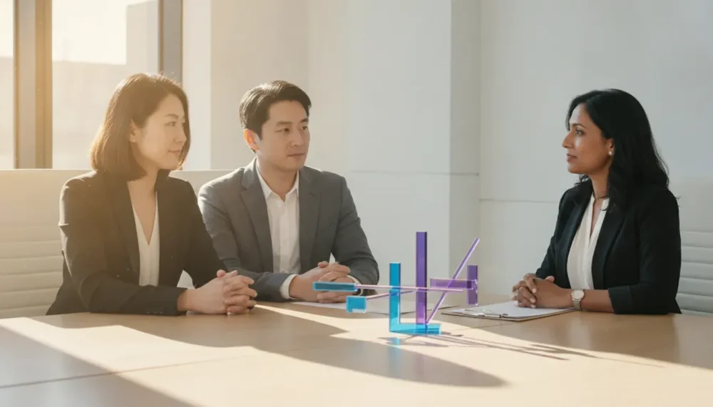 Borrowers discuss mortgage affordability with a loan professional while comparing monthly obligations and income