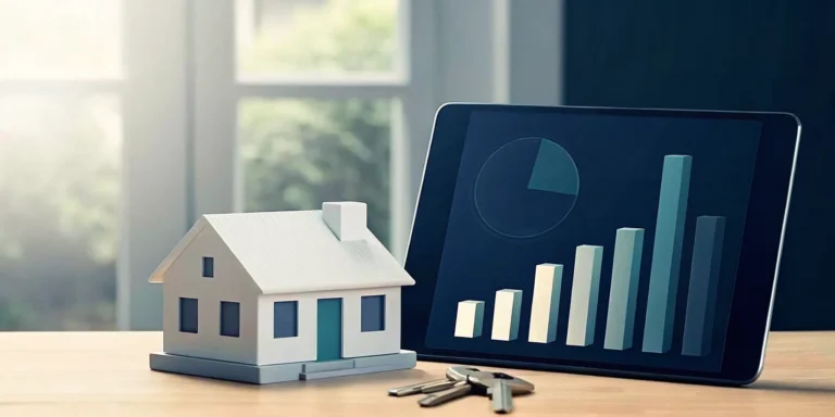 Miniature house, keys, and a tablet with a graph for comparing options while mortgage shopping.