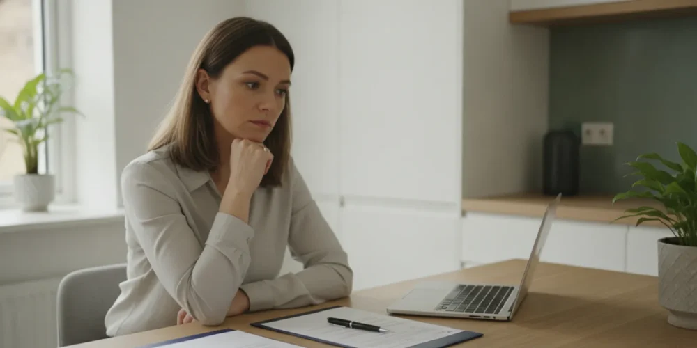 Homebuyer reviewing mortgage offer documents and comparing loan details at a table